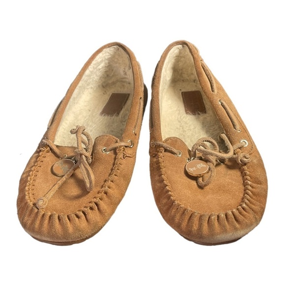 Coach Antonia Suede Shearling Tan Slip On Moccasin Slippers Sz 7.5 B - Picture 5 of 13